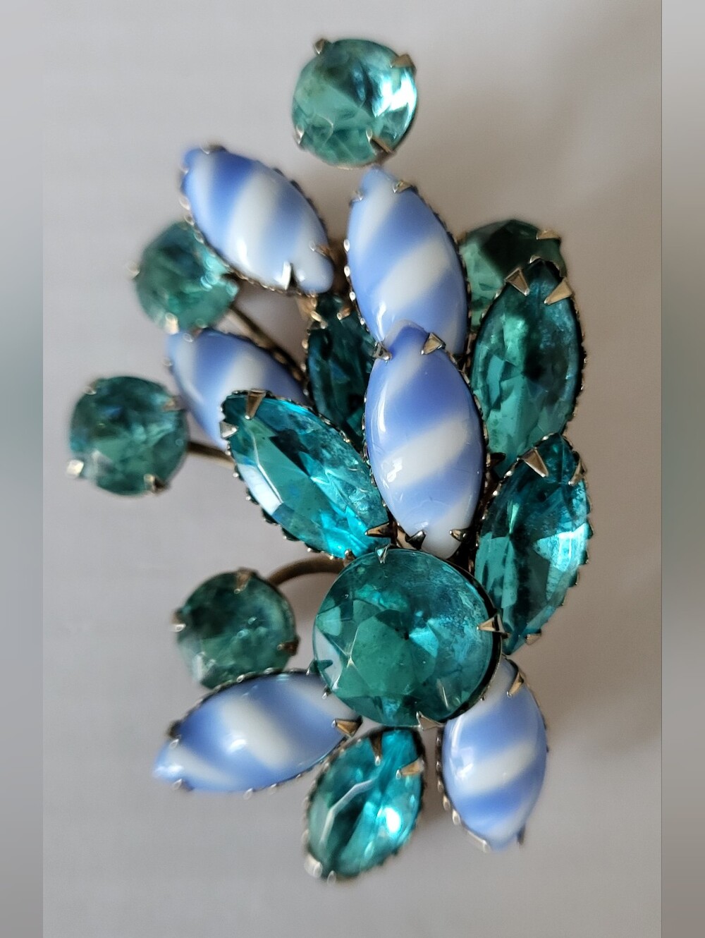 Vintage Floral Givre Blue Molded Glass and Rhinestones Brooch